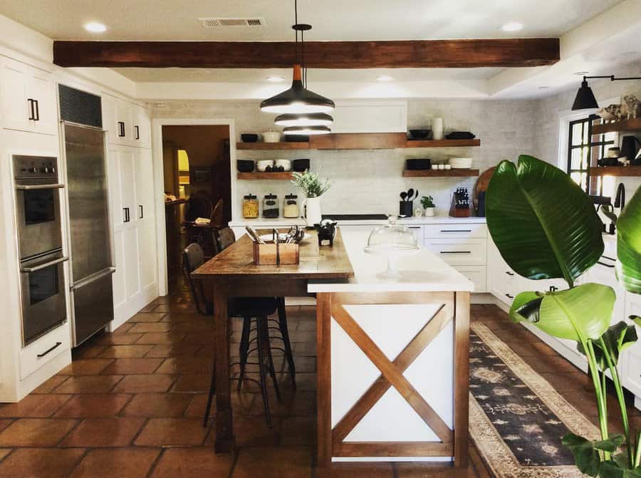 Rustic kitchen with large leaf plant and terracotta floor