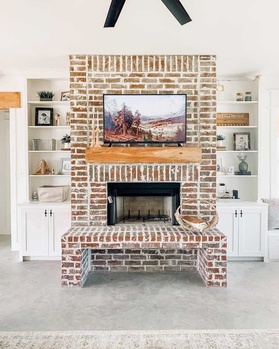 Brick fireplace wall