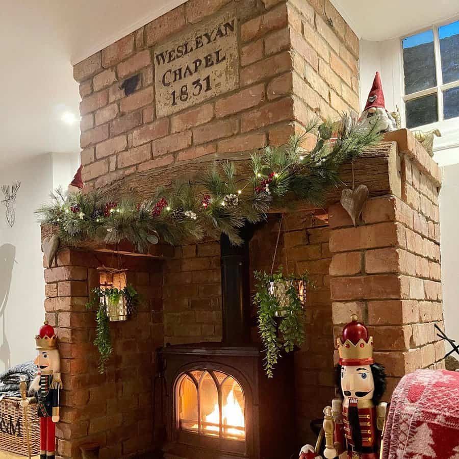 Brick fireplace wall