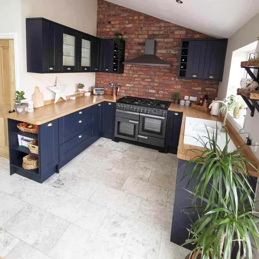 Rustic kitchen with exposed brick wall