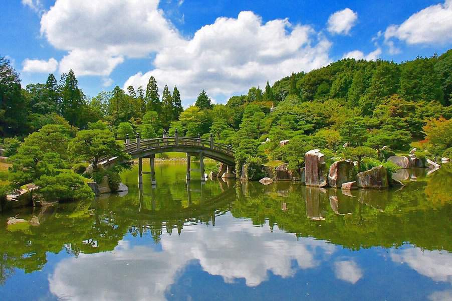 Tranquil Japanese garden with an arched wooden bridge over a reflective pond, surrounded by lush greenery and a blue sky with clouds