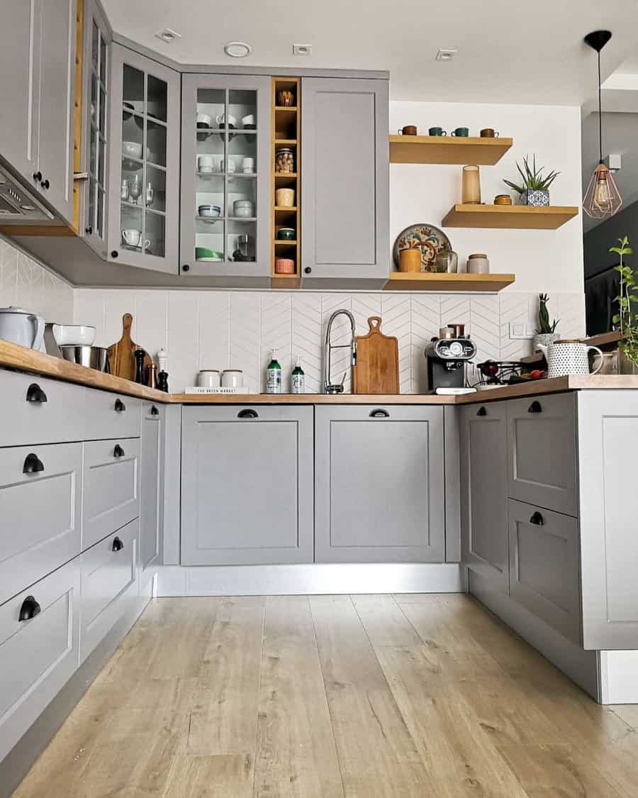 Stylish kitchen with open shelving and wood accents