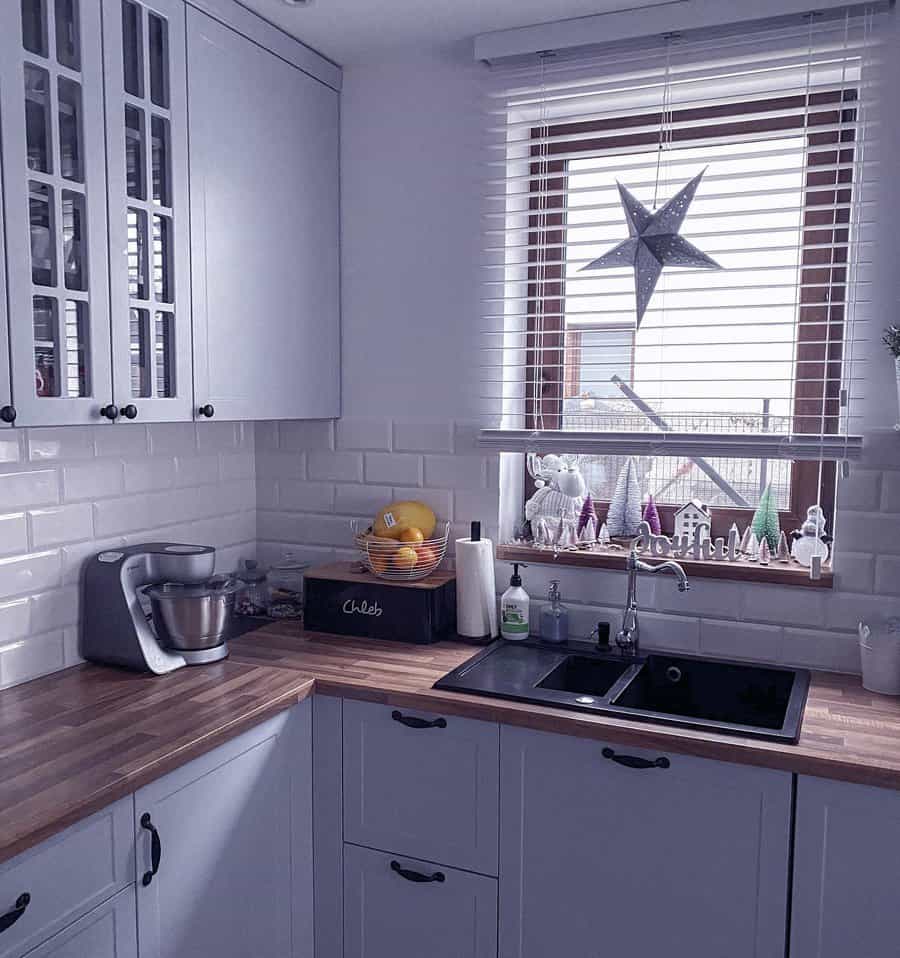 Cozy kitchen with subway tile and festive decor