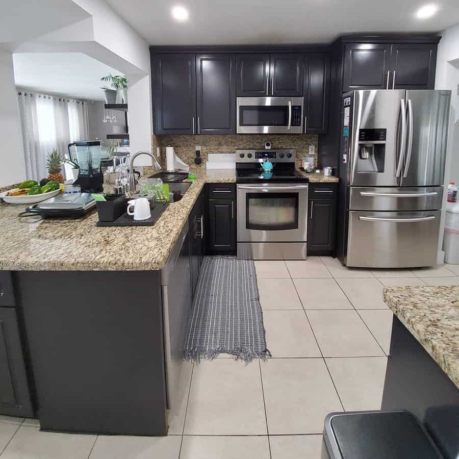 Modern kitchen with dark cabinets and steel appliances