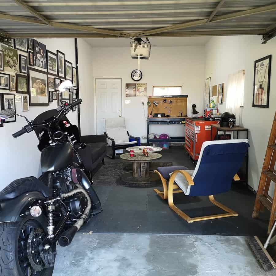 Garage man cave with wall art 