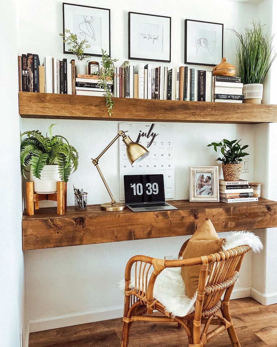 Charming home office nook with wooden shelves and rattan chair