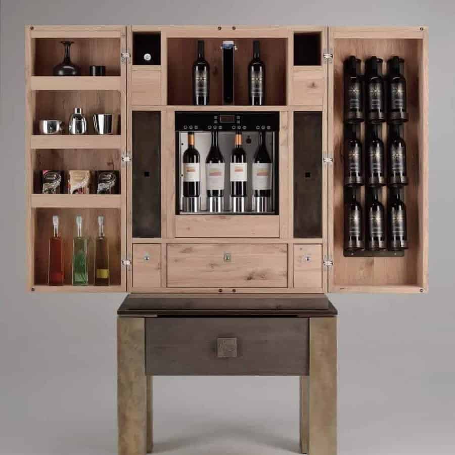 Wooden wine cabinet with open doors displaying wine bottles, glasses, and accessories on shelves, featuring a modern and elegant design