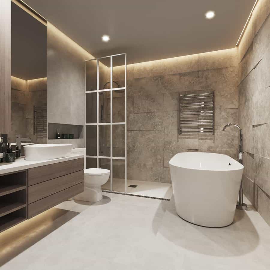 Elegant bathroom with ambient lighting and stone tiles