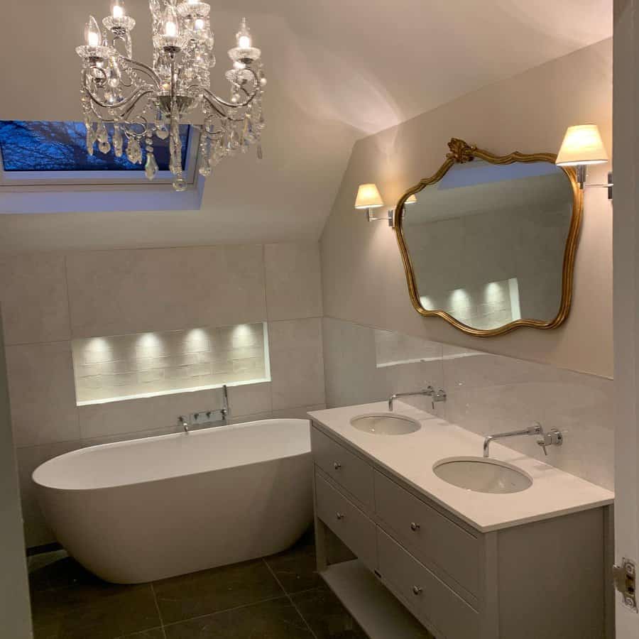 Elegant bathroom with chandelier and double vanity