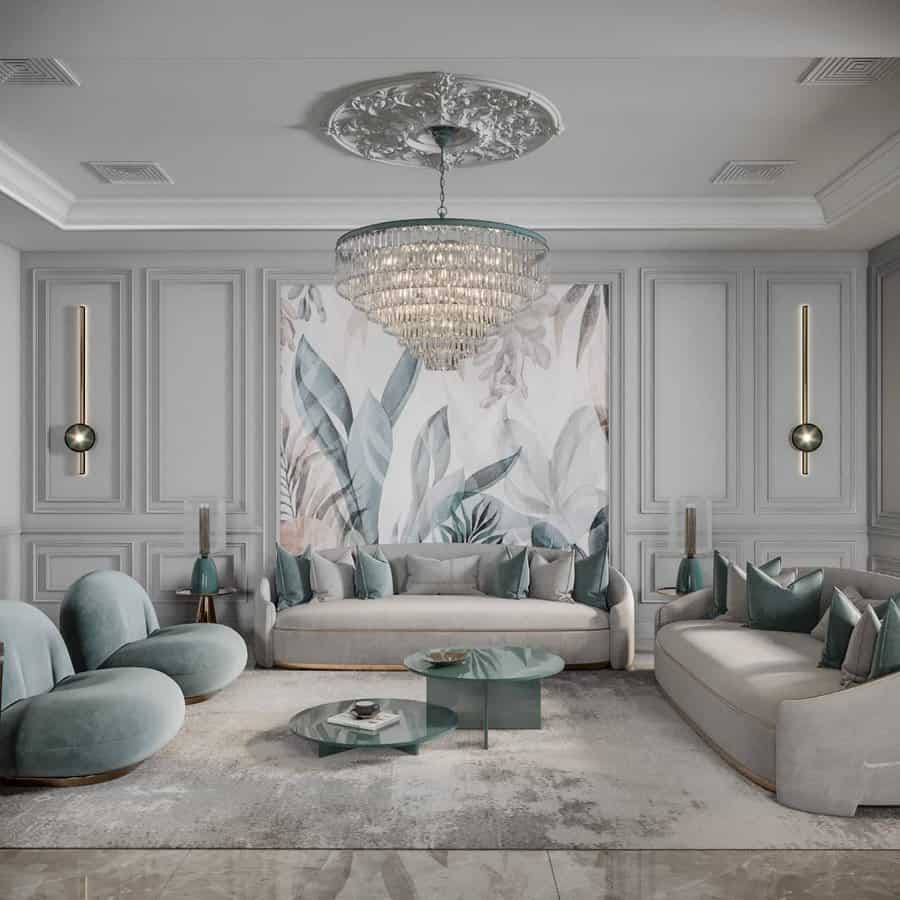 Elegant living room with modern furniture and a large crystal chandelier