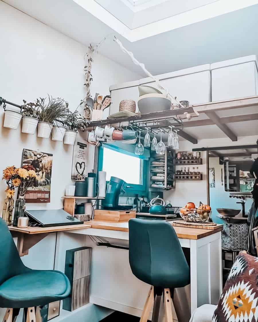 Tiny house kitchen with bar seating and overhead plants