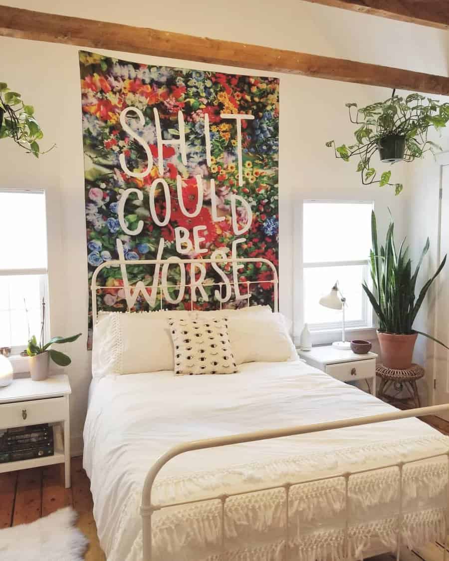 Dorm room with wall tapestry