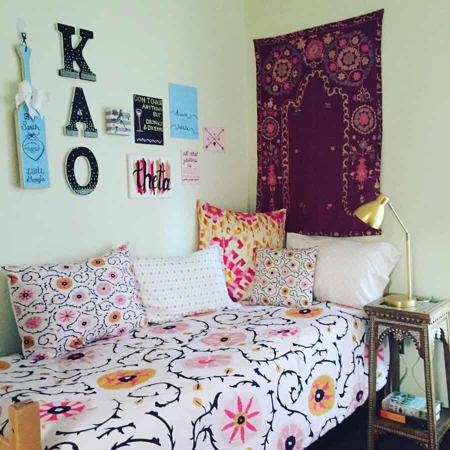 Dorm room with wall tapestry