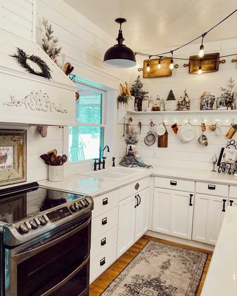 farmhouse kitchen with distressed furniture