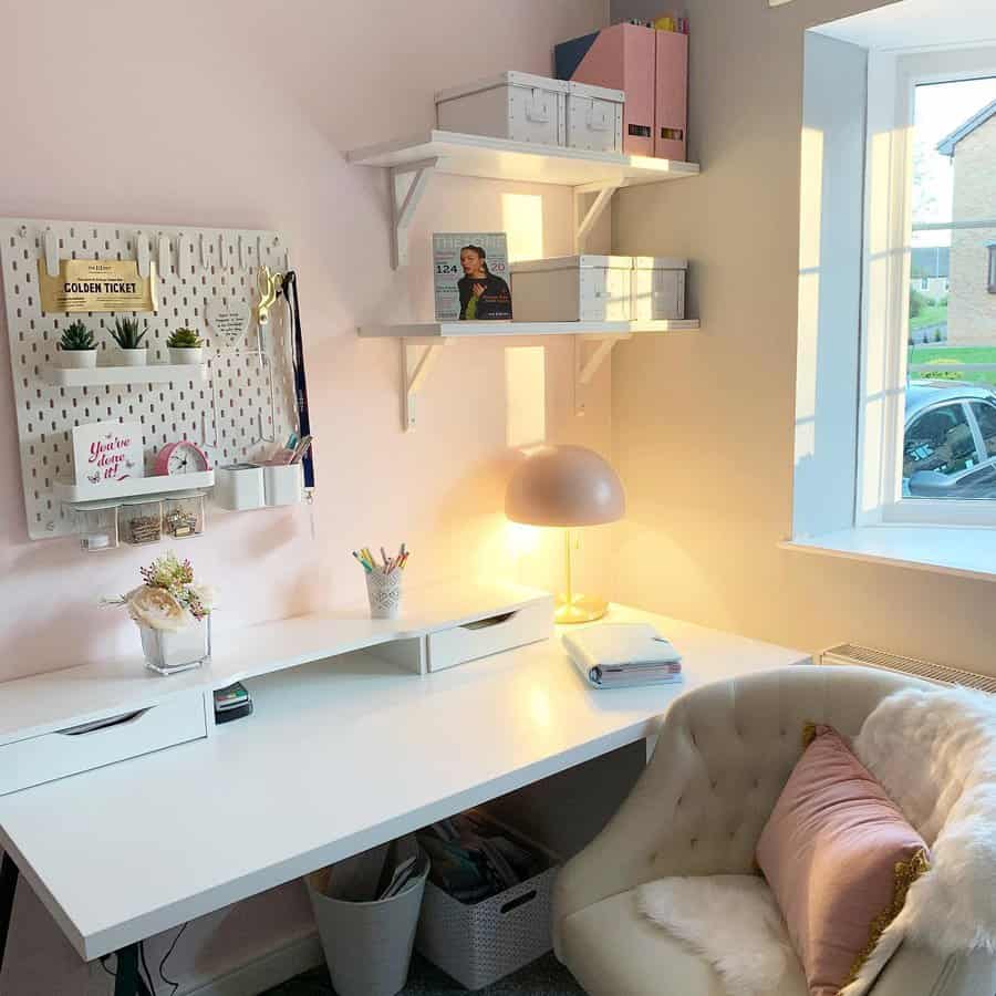 modern home office with peg board