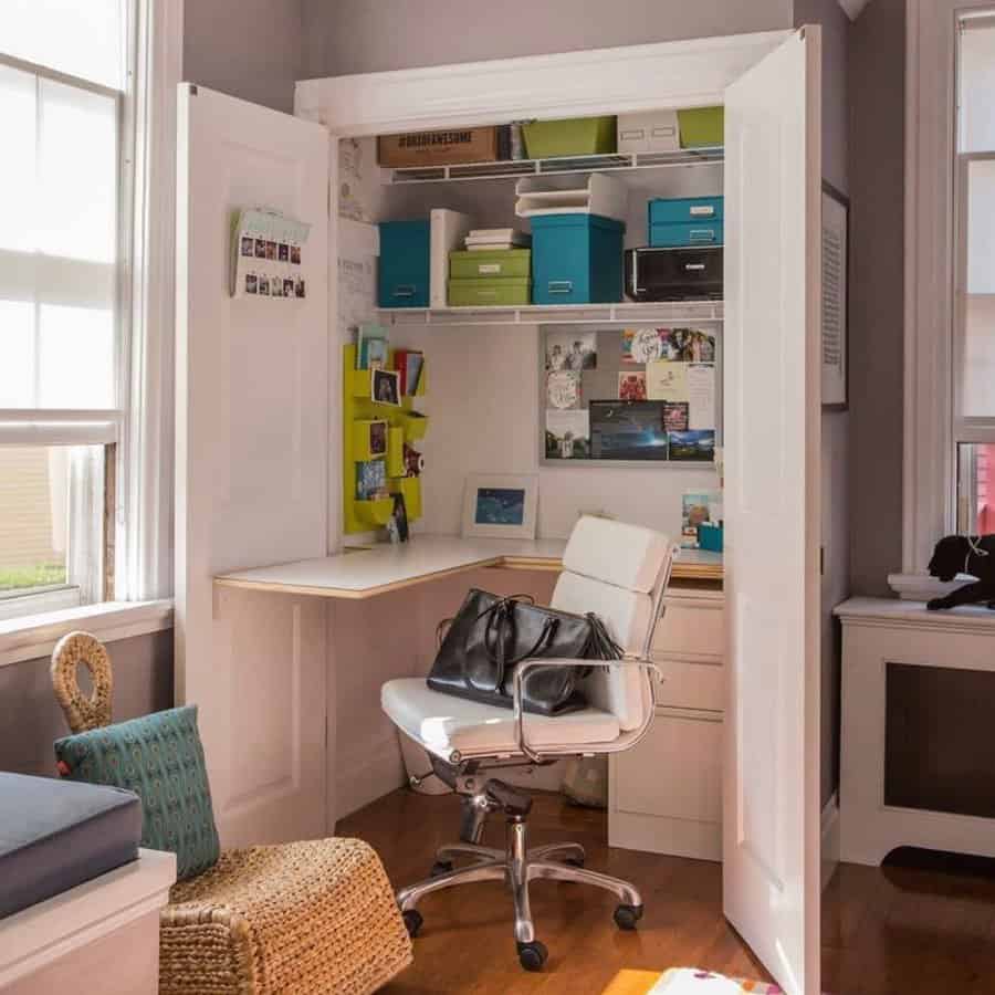 Compact closet home office with bright storage boxes