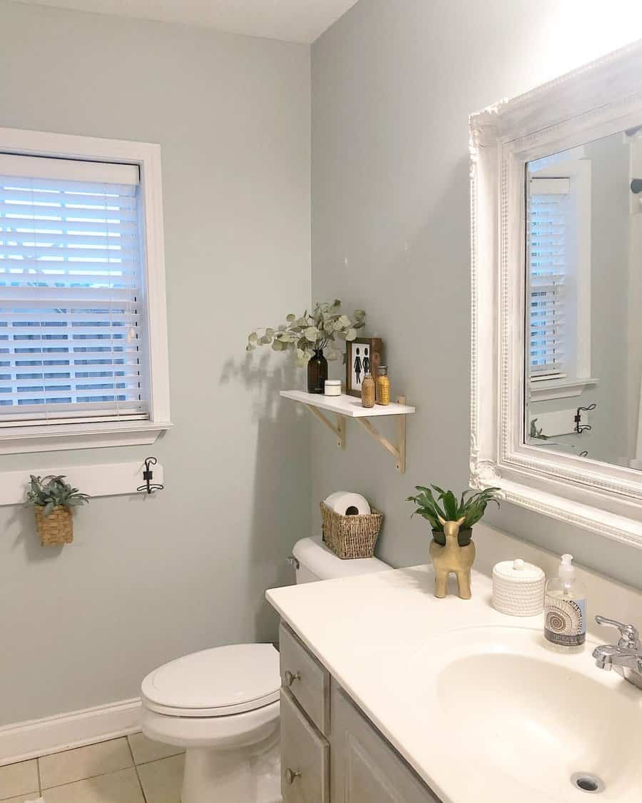 Elegant gray bathroom with ornate mirror and plant decor