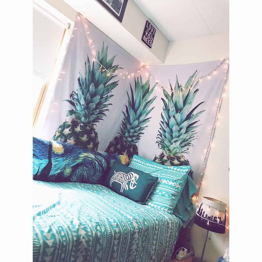 Dorm room with wall tapestry