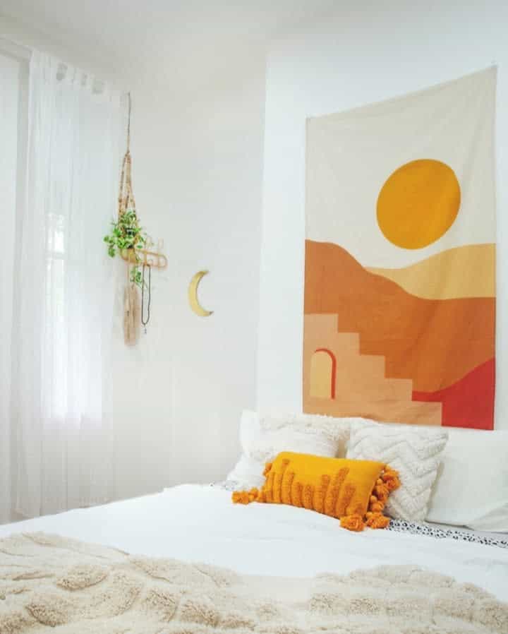 Dorm room with wall tapestry