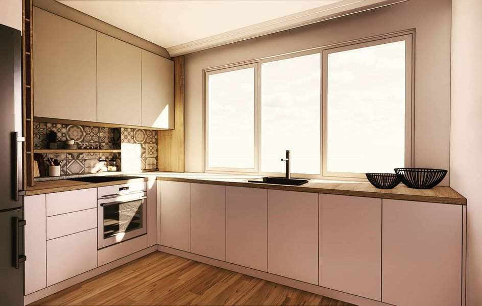 Modern kitchen with white cabinets, wooden countertops, and large window