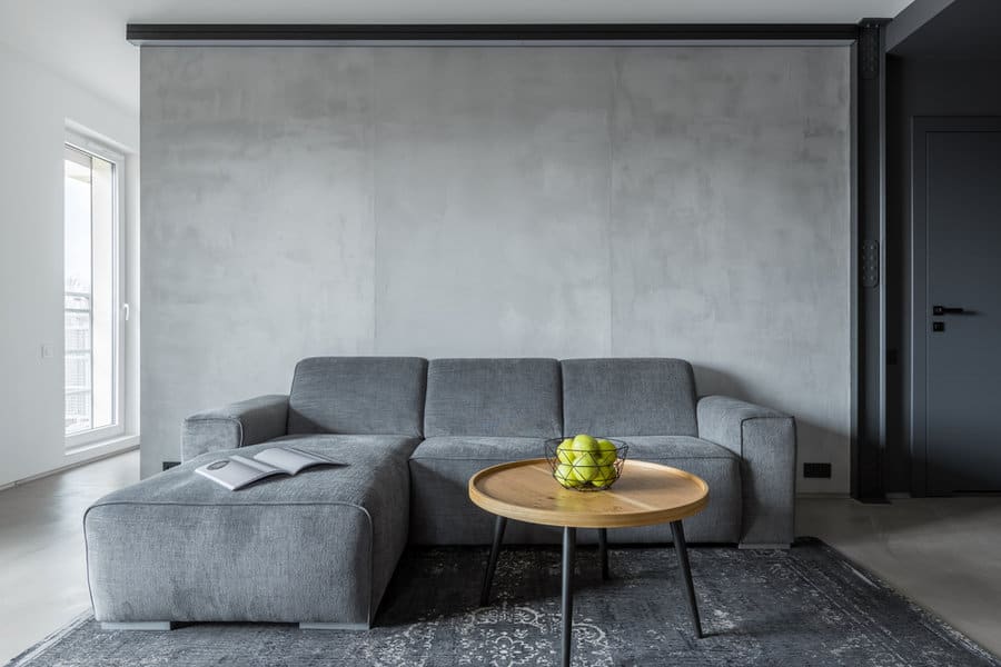 Minimalist living room with gray sofa and concrete wall