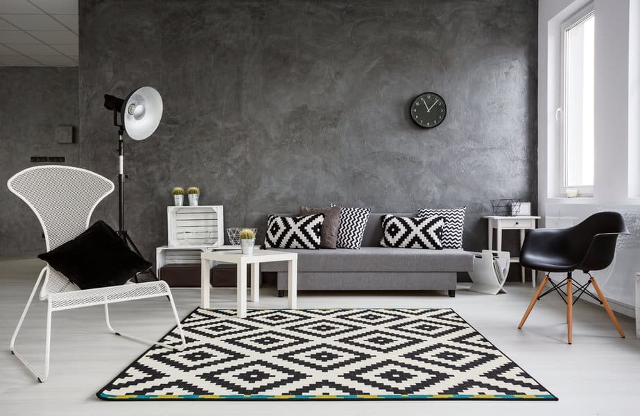 Chic living room with patterned rug and gray walls