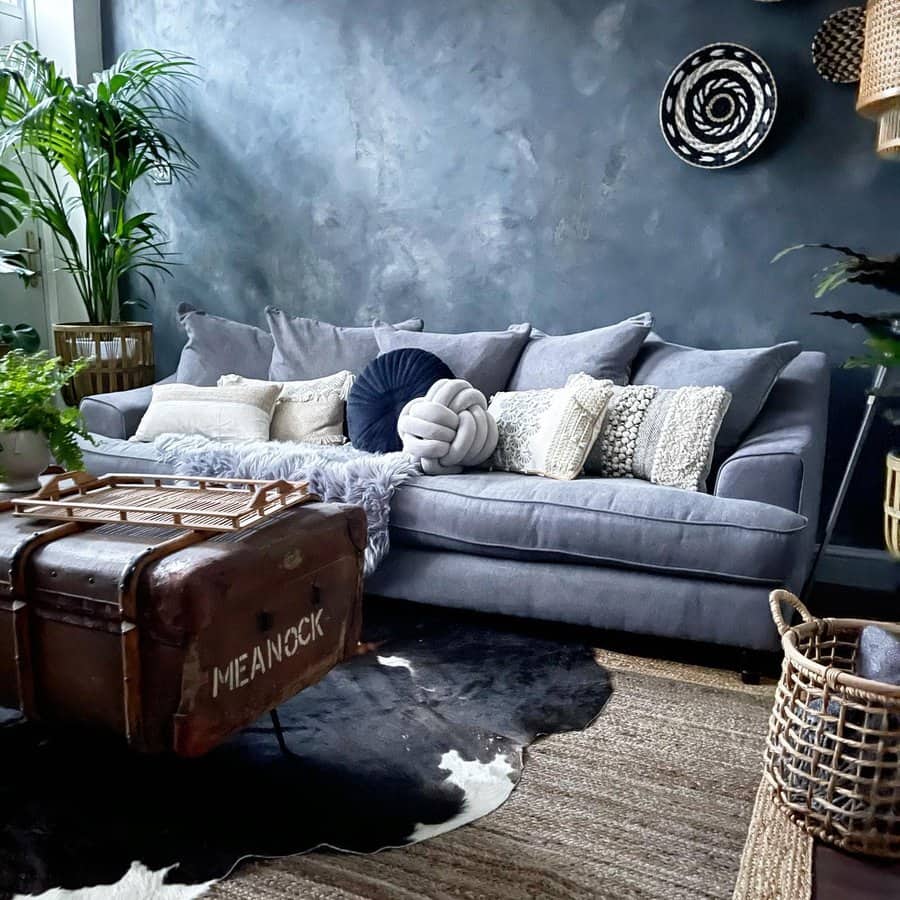 Cozy corner with gray sofa and textured pillows