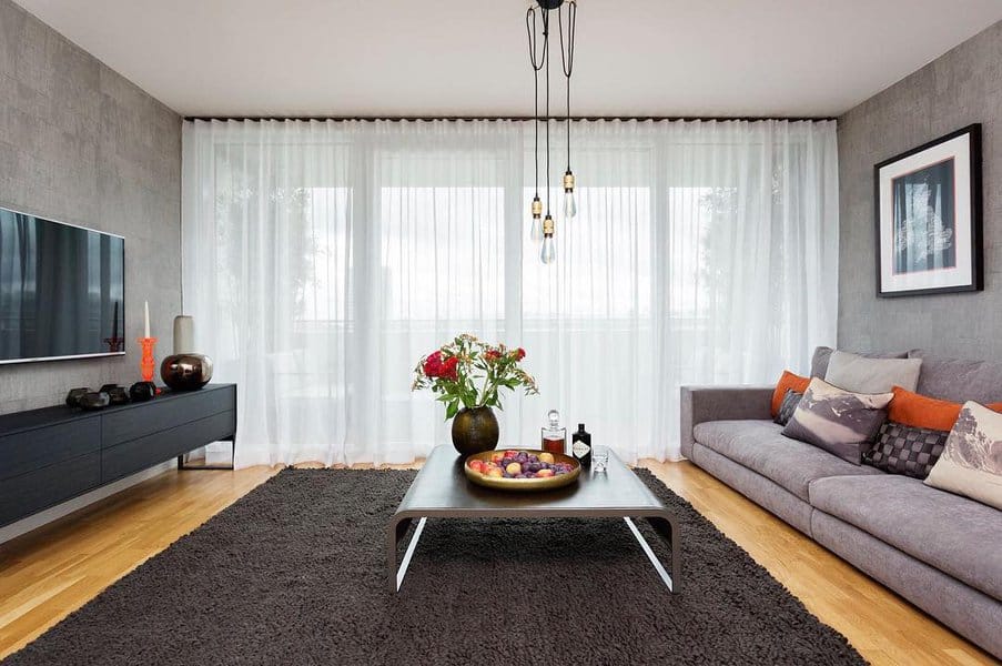 Bright living room with sheer curtains and gray couch