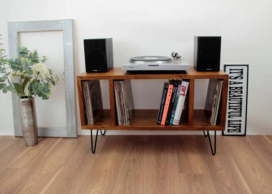 Minimalist record player setup with decor