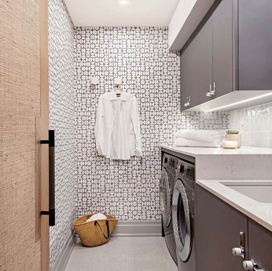 Wall mounted cabinets in a laundry room