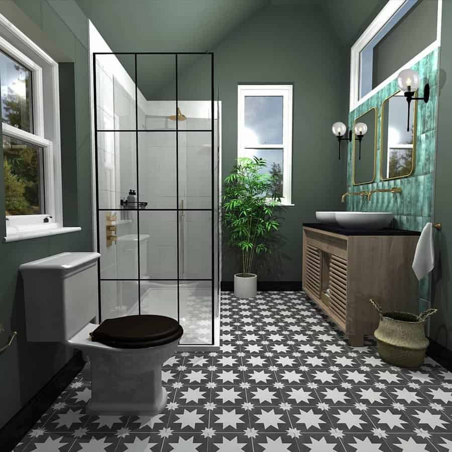 Modern bathroom with patterned floor and green walls