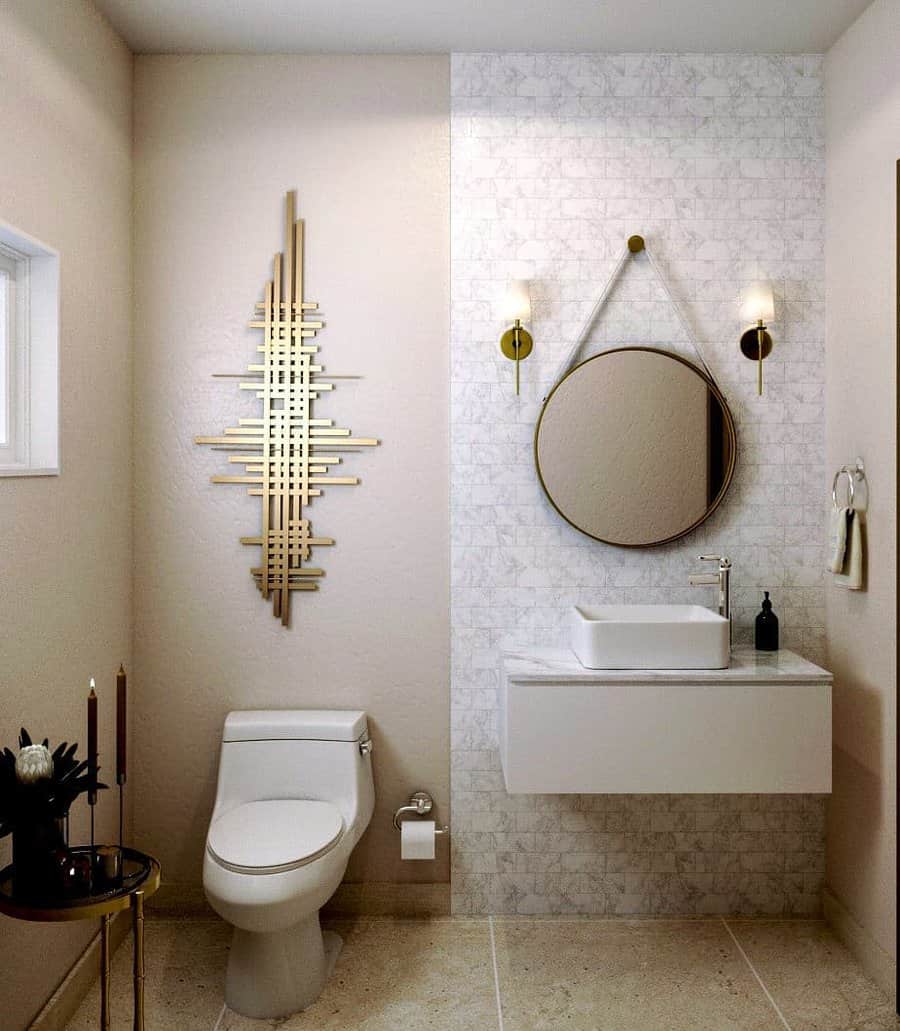 Stylish bathroom with geometric wall light and round mirror