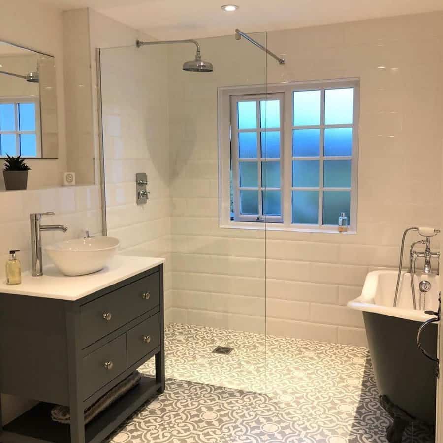bathroom shower with printed flooring