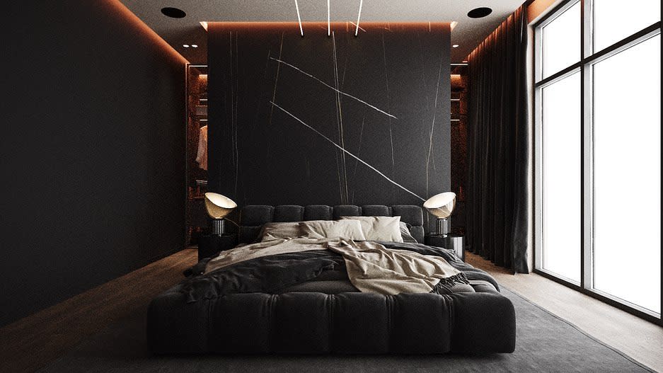 black bedroom with glass window