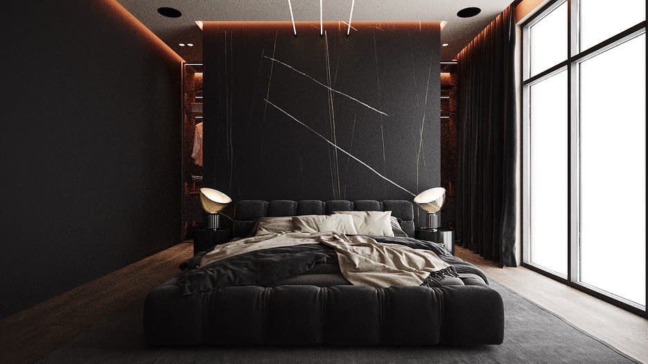 Modern black bedroom with moody lighting, tufted bed, marble accent wall, and floor-to-ceiling windows for a bold, dramatic vibe