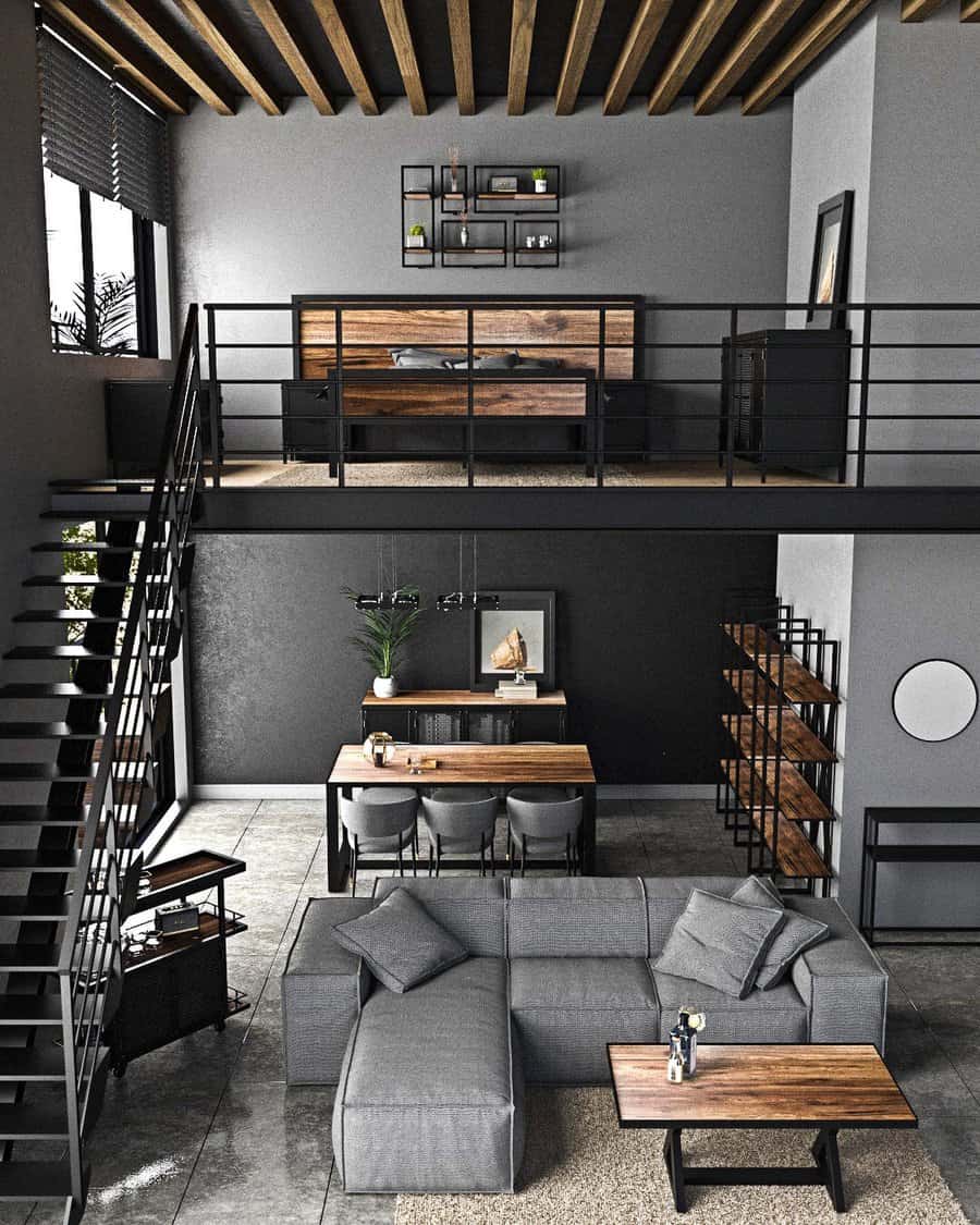 Industrial loft space with staircase and railing