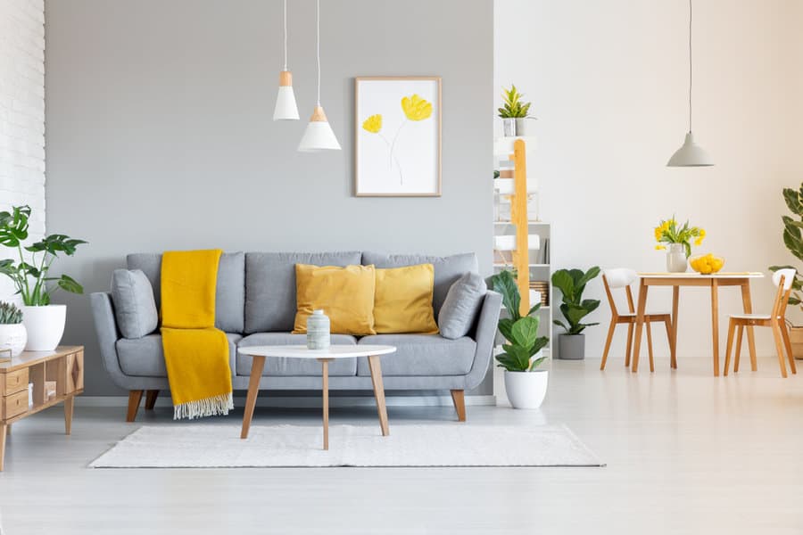 Modern living room with gray sofa and yellow accents