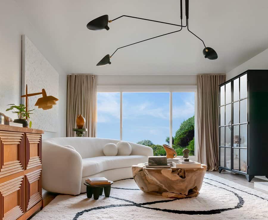 Modern living room with wood slab coffee table