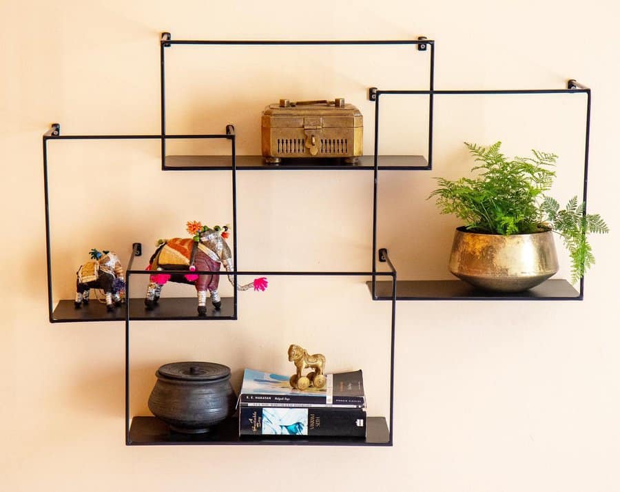 Metal-framed wall shelves 