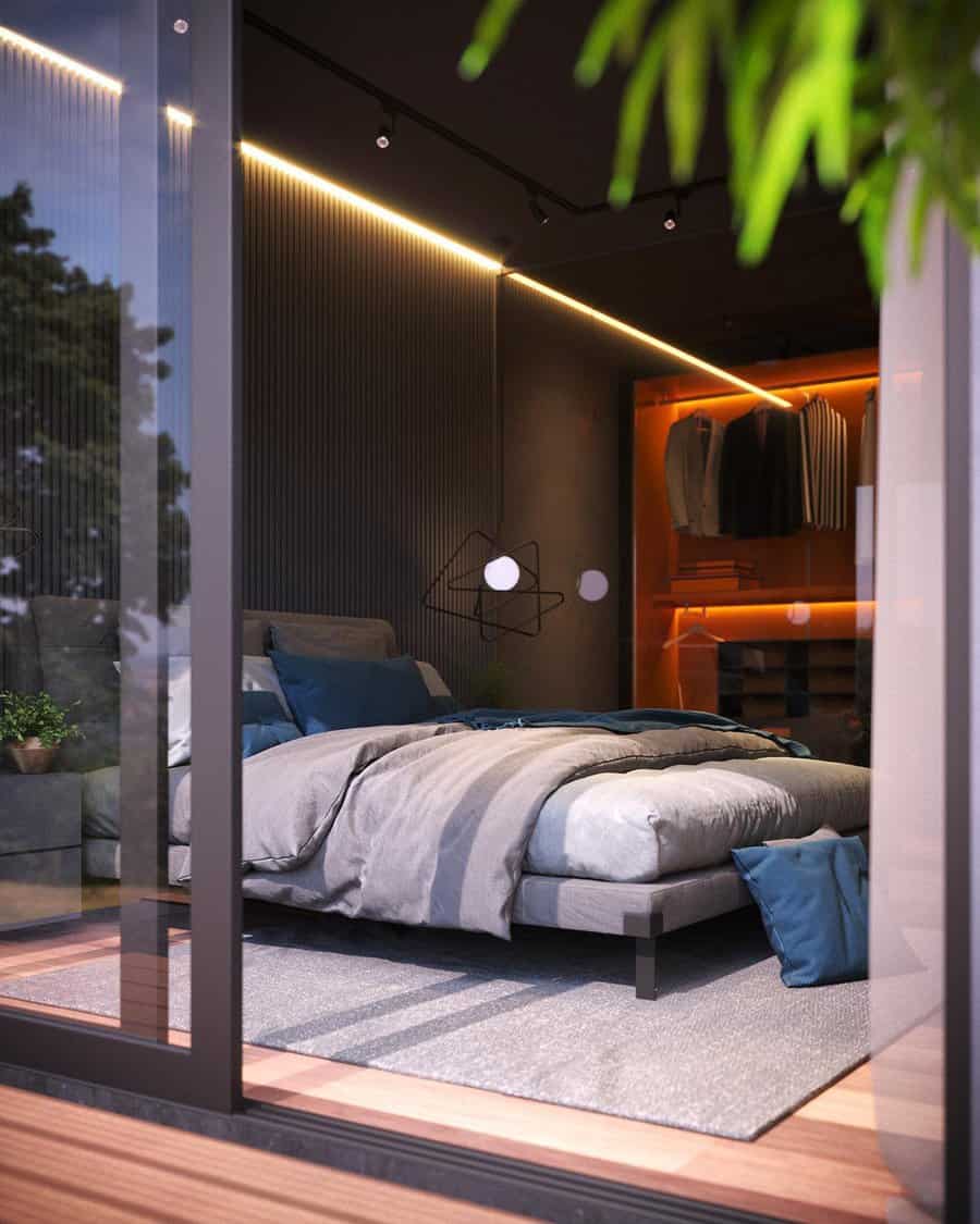 Modern Zen bedroom with sleek design, warm LED lighting, a plush low-profile bed, and an open closet for a tranquil yet sophisticated retreat