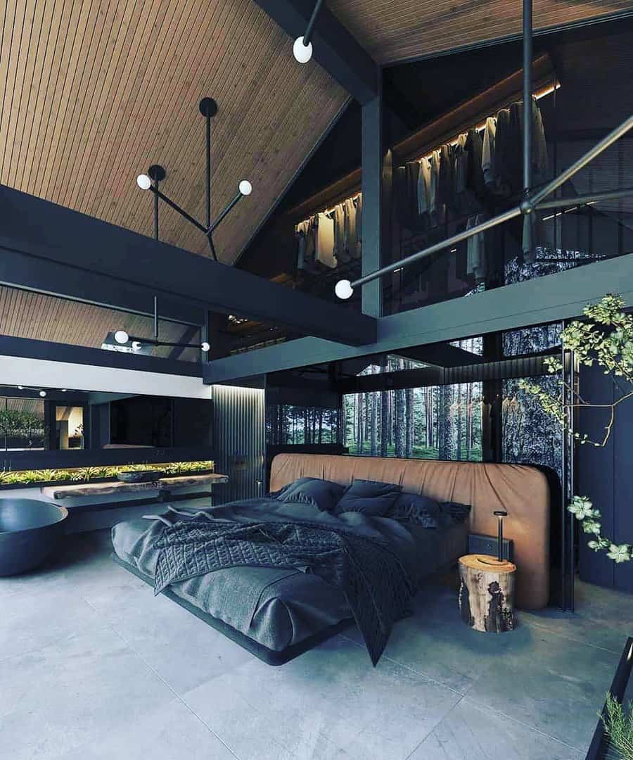 Modern bedroom with high ceilings, dark tones, large bed, tree stump nightstand, exposed closet, and a sleek, minimalist design