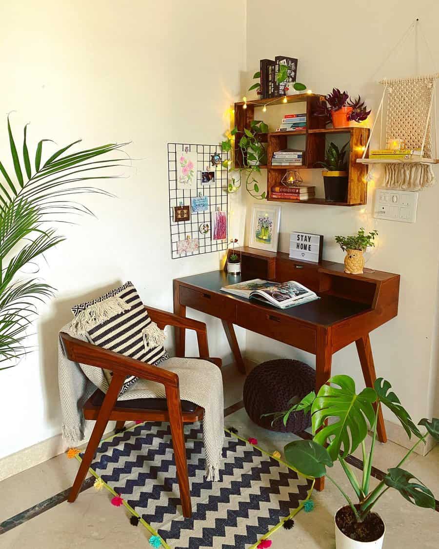 Bedroom office space with floating shelves