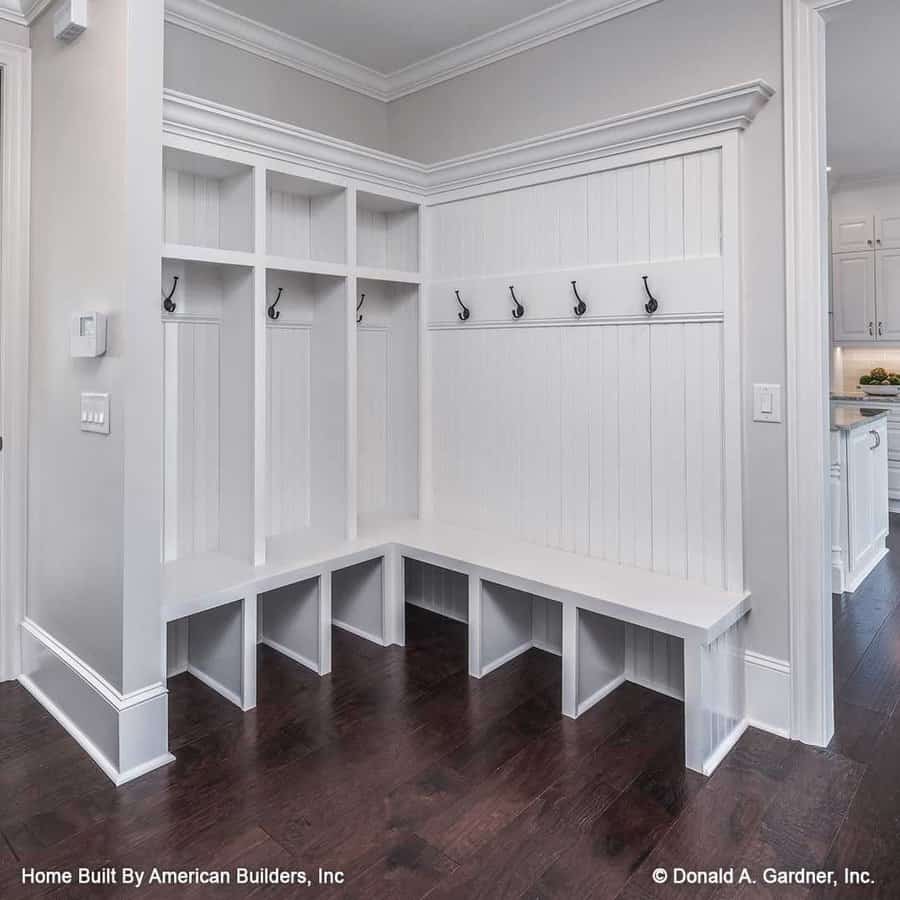 L shaped mudroom corner