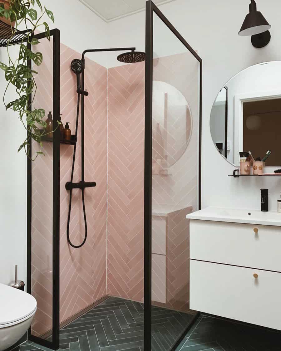 walk-in shower with herringbone tiles