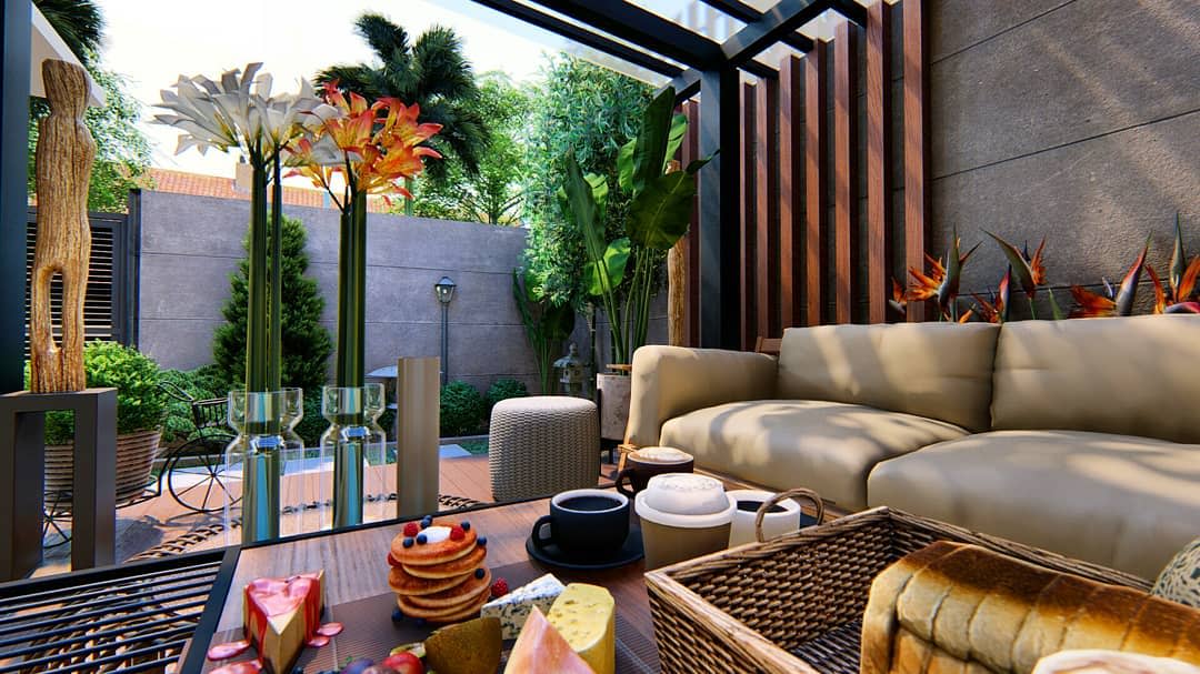 Luxurious outdoor patio with elegant furniture, a table set with pastries and tea, surrounded by lush greenery and modern decor