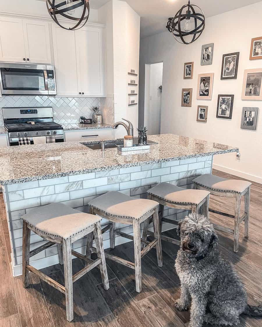 Chic kitchen bar with stools and a dog sitting nearby