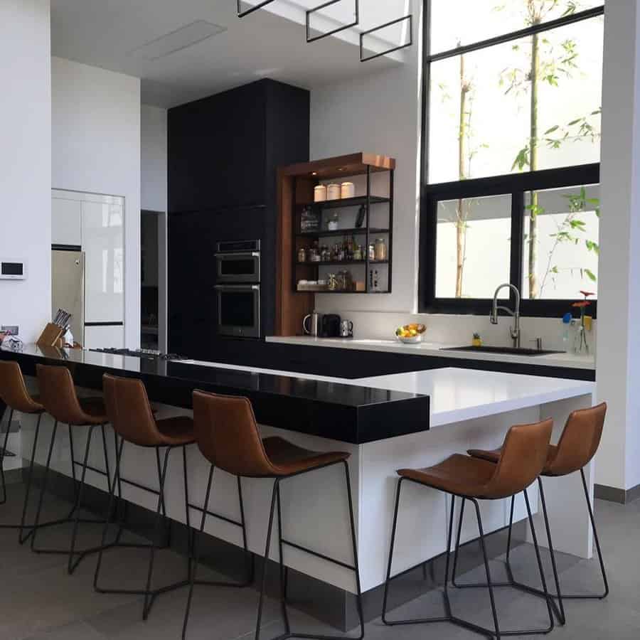 Modern kitchen with island, brown bar stools, and large window