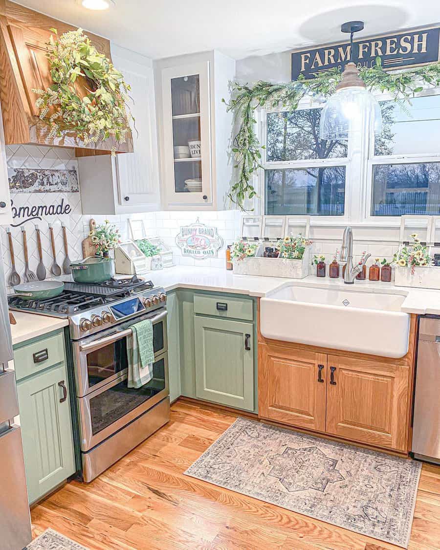 Farmhouse kitchen window with hanging plants