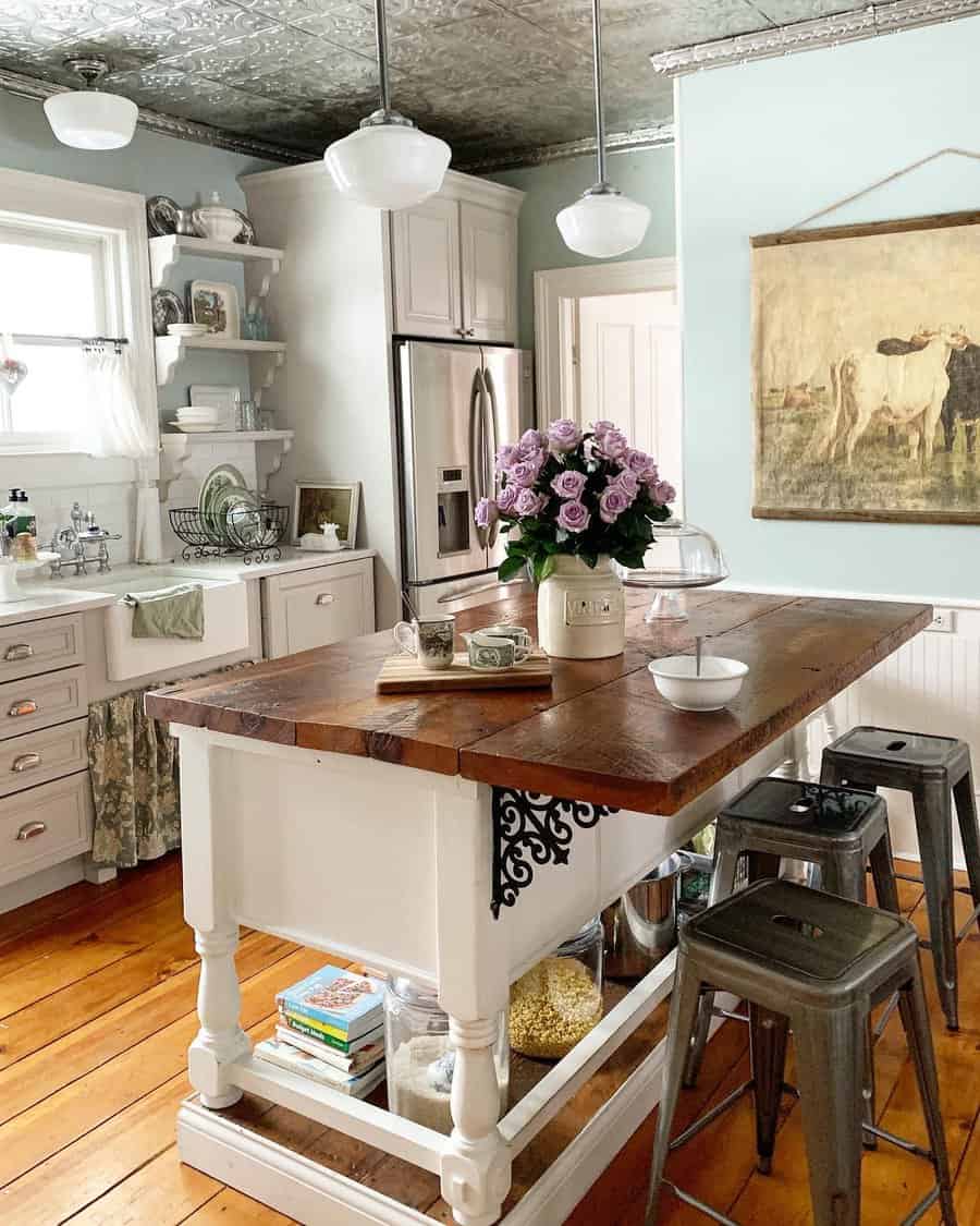 farmhouse kitchen with wood flooring and kitchen island