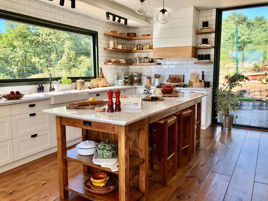 farmhouse kitchen with floating shelves